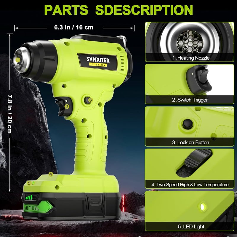 Synxiter Compatible with Ryobi 18V Battery Cordless Heat Gun, 350W LED Light, Quick Heat Welded Heat Gun 122°F - 120°F Variable Temperature Control with 4 Nozzles and Scraper for Crafts(No Battery) - Image 2
